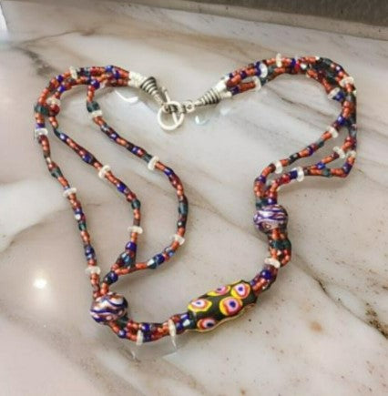 Necklace Murano Millefiori  art glass raised bead long necklace. 16 "