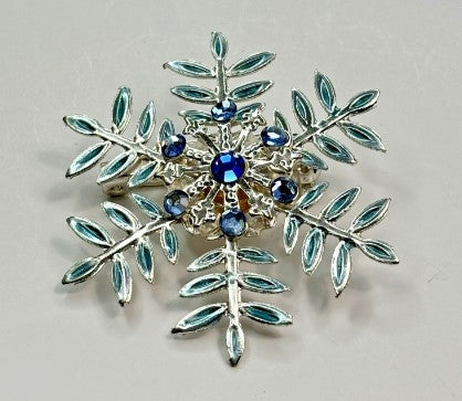 snowflake brooch silvertone  enamel and blue rhinestone 1.75 Inches