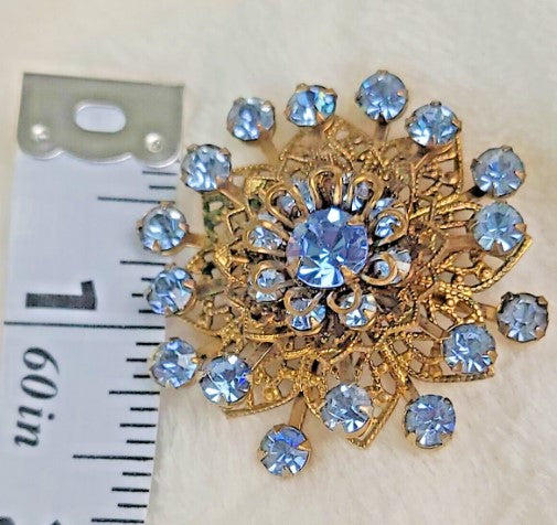 Brooch - 3D Vintage Baby Blue Rhinestone Flower 1.5 Inches