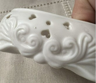 Porcelain White Heart Shaped Trinket Box With Flowers And Cut Out Hearts 3.5 inches