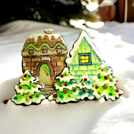 Brooch Enamel christmas  house  and trees  1.5 inches signed