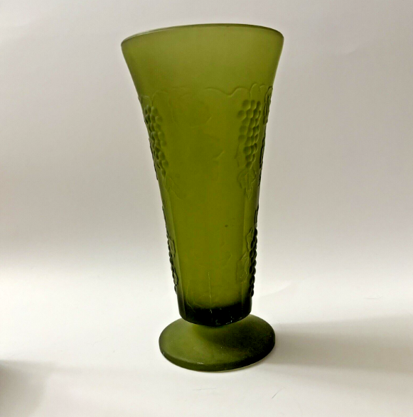 Vintage Green Glass Pedestal Vase with Grape Vines  7.5 inches