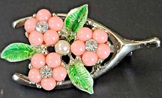 Brooch  wishbone  pearl rhinestone  bead flower size 1 inch