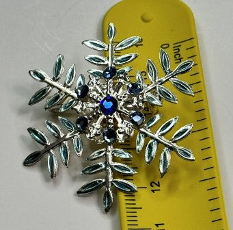 snowflake brooch silvertone  enamel and blue rhinestone 1.75 Inches