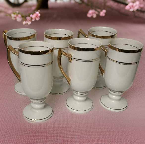 Empire Porcelain 1569 White Gold Trim Pedestal Coffee Tea Mugs Set of 6 VTG