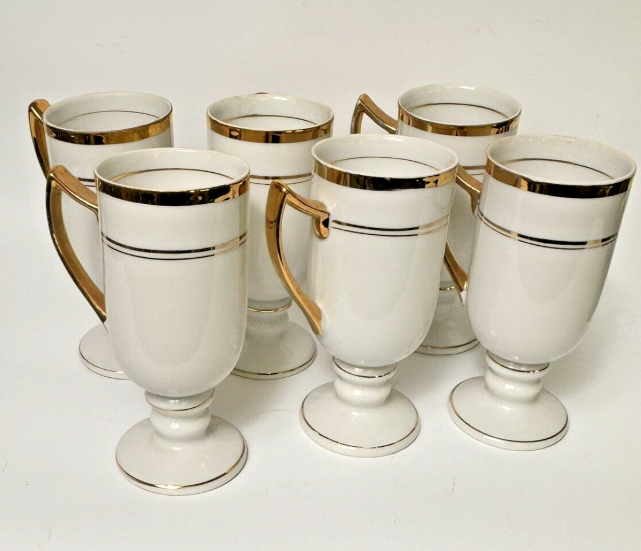 Empire Porcelain 1569 White Gold Trim Pedestal Coffee Tea Mugs Set of 6 VTG