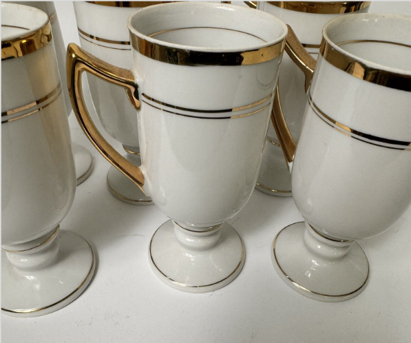 Empire Porcelain 1569 White Gold Trim Pedestal Coffee Tea Mugs Set of 6 VTG