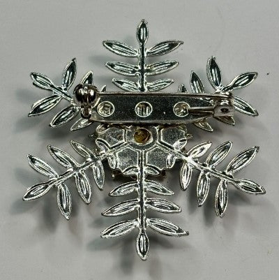 snowflake brooch silvertone  enamel and blue rhinestone 1.75 Inches