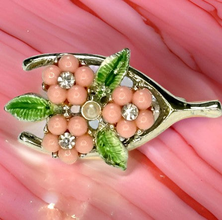 Brooch  wishbone  pearl rhinestone  bead flower size 1 inch