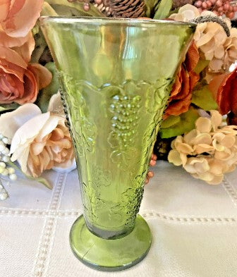 Vintage MCM Indiana Glass 9.75” Tall Footed Vase Harvest Grape Colony Green VGUC