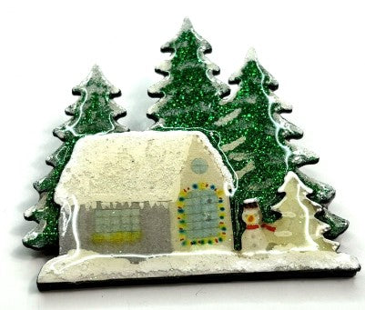 Brooch- enamel snow scene snowman house  signed Summy DM  2.5 inches