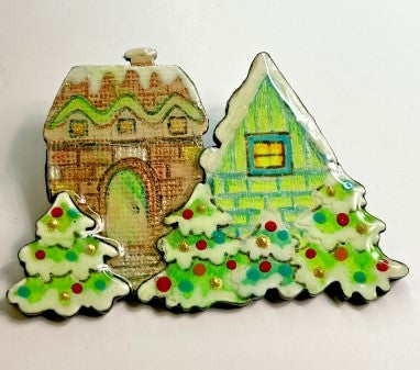 Brooch Enamel christmas  house  and trees  1.5 inches signed